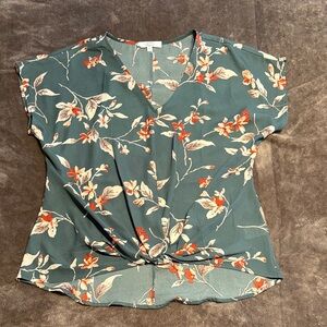 Beacon Teal Floral Twist-Front V-Neck Blouse